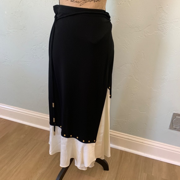 NWT Tory Burch mixed material black white silk wrap skirt midi maxi demure sz L - Picture 8 of 16